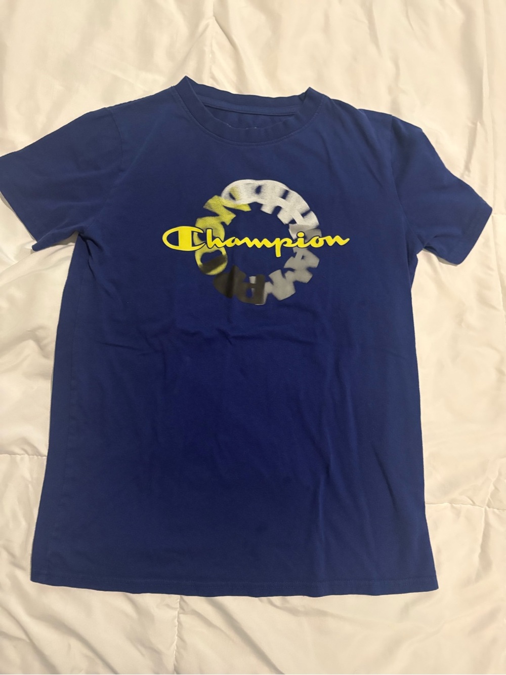 Champion Blue Tee with Yellow Logo and Gray Graphic